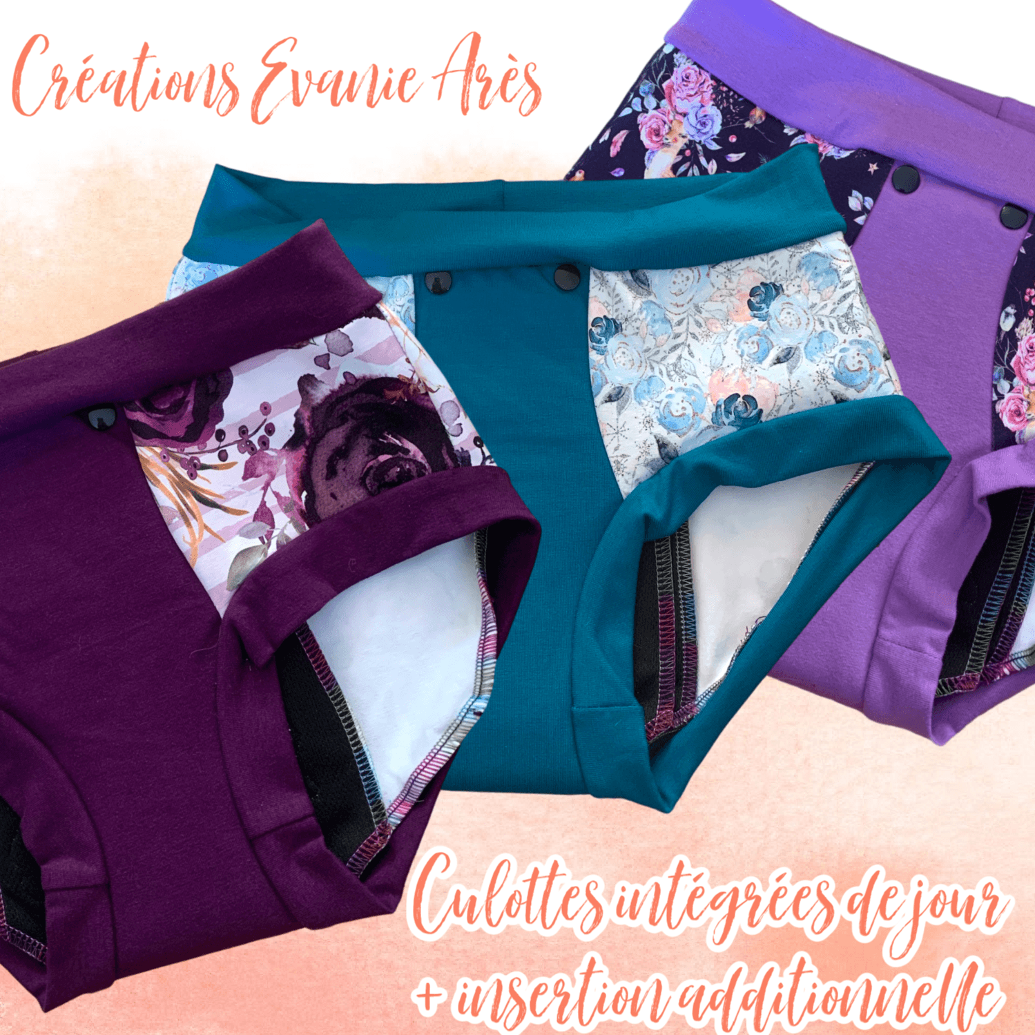 Créations Èvanie Arès | Culottes menstruelles intégrées de jour avec insertion additionnelle à boutons-pression (protection extrême) | MEDIUM