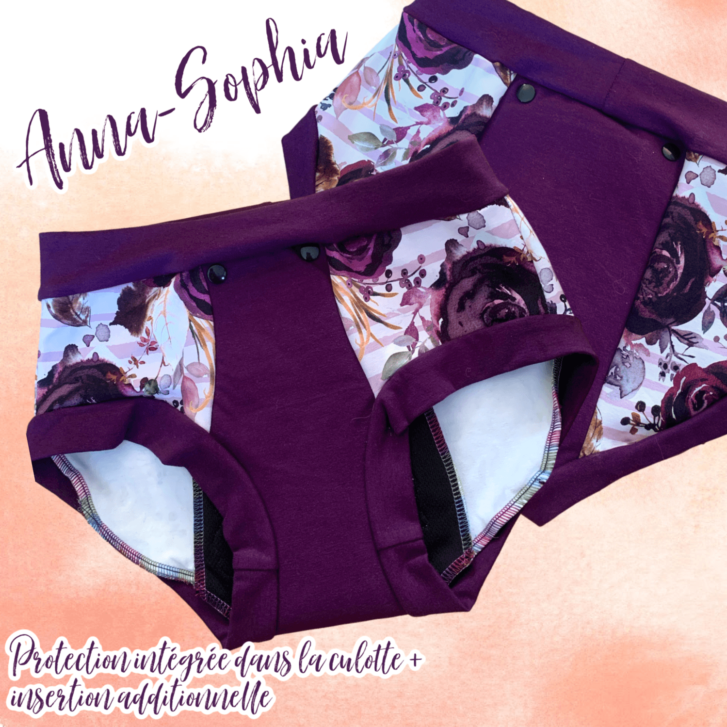 Créations Èvanie Arès | Culottes menstruelles intégrées de jour avec insertion additionnelle à boutons-pression (protection extrême) | SMALL