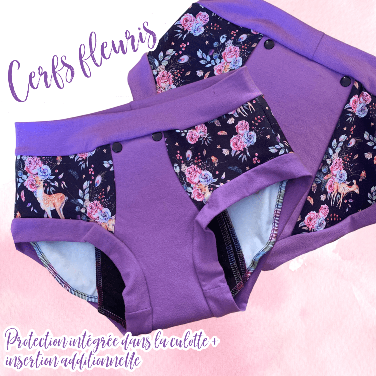 Créations Èvanie Arès | Culottes menstruelles intégrées de jour avec insertion additionnelle à boutons-pression (protection extrême) | SMALL