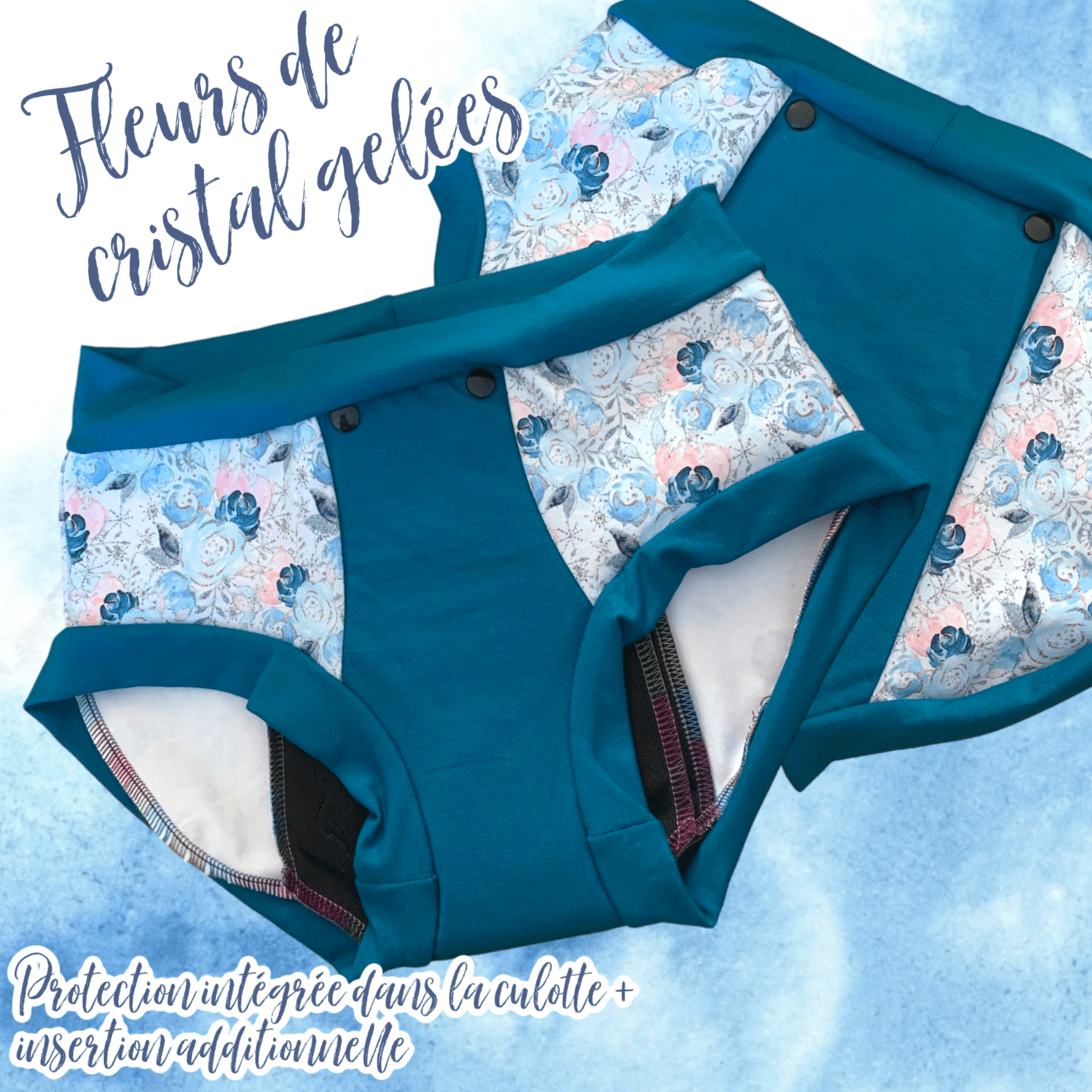 Créations Èvanie Arès | Culottes menstruelles intégrées de jour avec insertion additionnelle à boutons-pression (protection extrême) | SMALL
