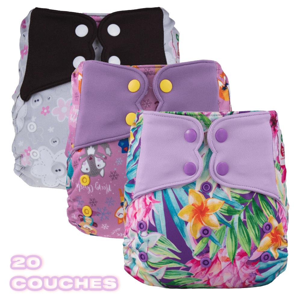 ELF | MEGA PROMO - ENSEMBLE DE DÉPART SURPRISE DE 20 COUCHES LAVABLES À POCHE OS | FILLE (BOUTONS-PRESSION)