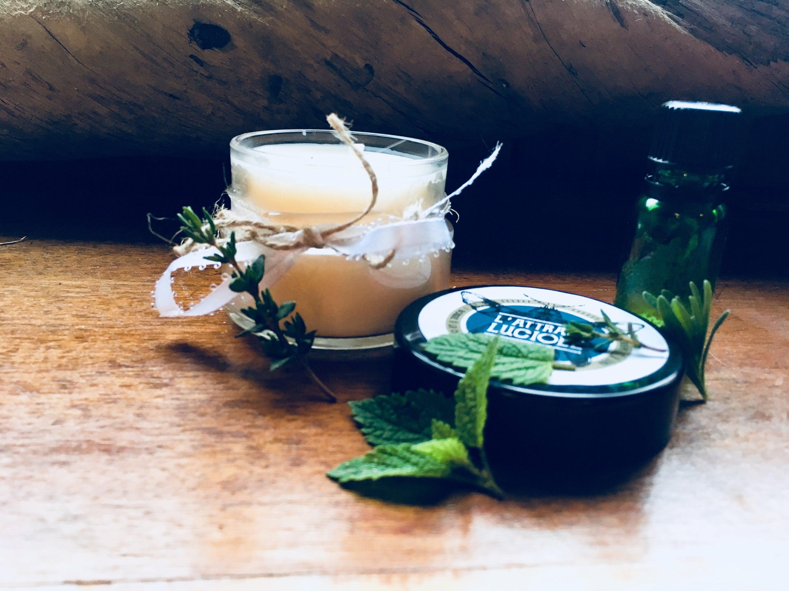 L'ATTRAPE LUCIOLE | Bougie de cire de soya écologique | Menthe poivrée et Romarin (HE)