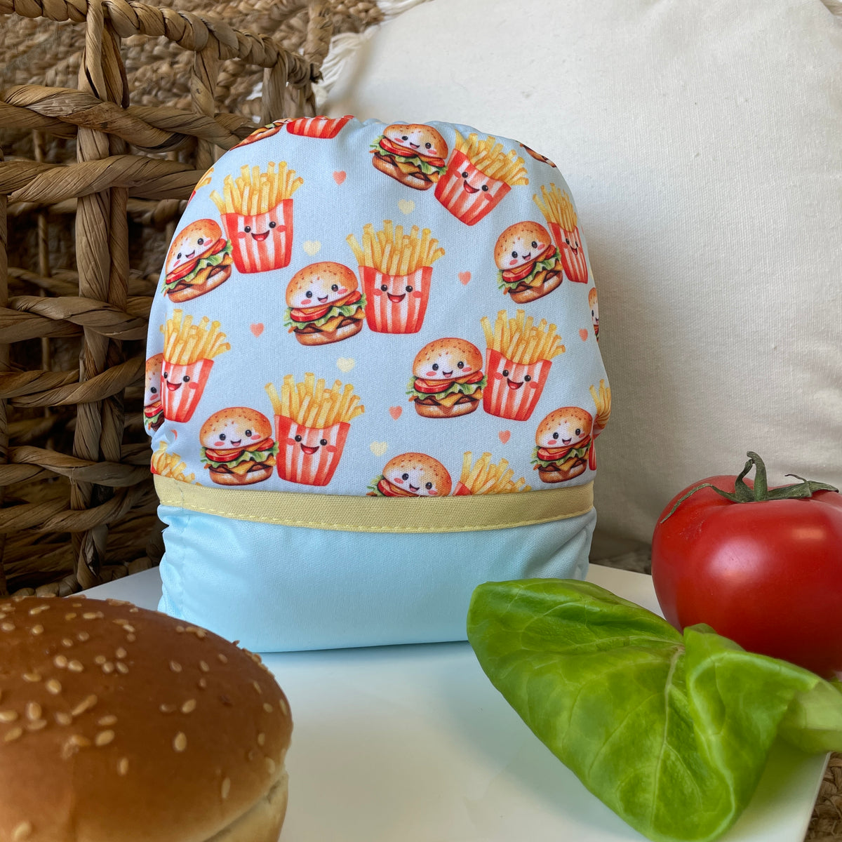 Les Confections Lili | Washable diaper | GRANDE taille | The love birds - Hamburger & fries (wrap)