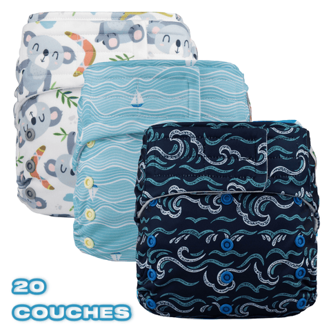 ELF | MEGA PROMO - ENSEMBLE DE DÉPART SURPRISE DE 20 COUCHES LAVABLES À POCHE OS | GARÇON & UNISEXE (VELCRO)