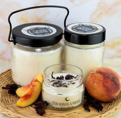L'ATTRAPE LUCIOLE | Bougie de cire de soya écologique | Pêche blanche et Hibiscus